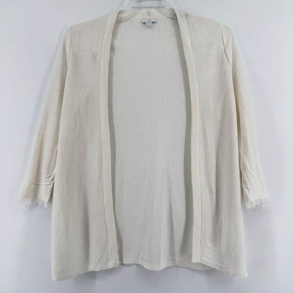 J. Jill‎ Linen Blend Open Front Cardigan Cream Fringed Cuff Womens Small